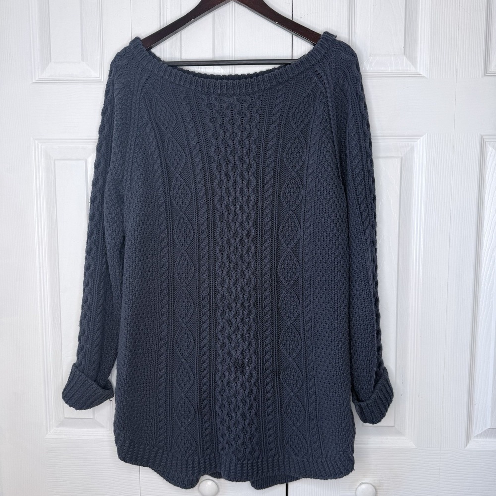LL Bean Signature Fisherman Tunic Sweater Womens L Navy Blue Cotton Side Zip